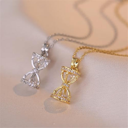 Dtja Dainty CZ Hourglass Pendant Necklace for Women 14K Gold Plated Stainless Steel Crystal Sand Clock Time Arrangement Theme Charms Link Chain Adjustable Necklaces Souvenir Jewelry Gift - color: Gold-Tone