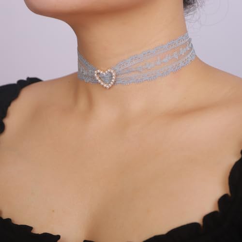 Vintage Lace Bowknot Choker Lace Pattern Collar Choker Gothic Bow-knot Neckchain Dainty Bow-knot Collar Necklace Halloween Costume Necklace for Women (blue)