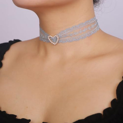 Vintage Lace Bowknot Choker Lace Pattern Collar Choker Gothic Bow-knot Neckchain Dainty Bow-knot Collar Necklace Halloween Costume Necklace for Women (blue)