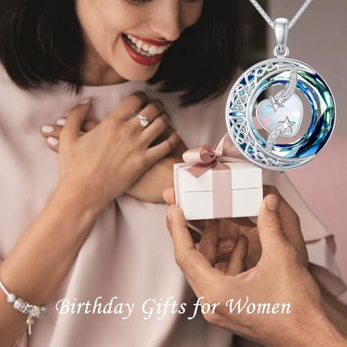 TOUPOP Birthstone Necklace Women Sterling Silver Moon Star Birthday Jewelry | Celtic Moon Pendant with Blue Crystal Anniversary Christmas Jewelry Gifts for Wife Mom Her - color: A-13-Opal
