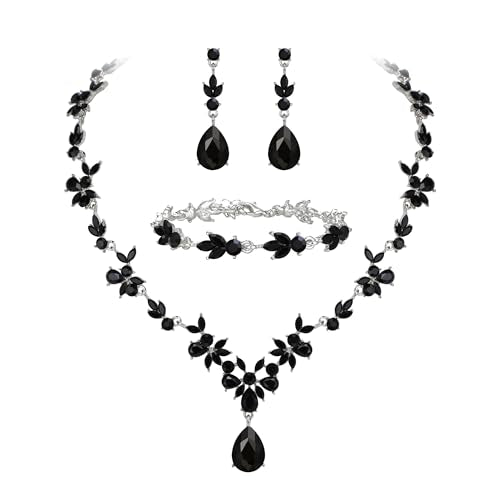 BriLove Wedding Jewelry Set for Women,Gorgeous Crystal Bridal Accessories | Y-Necklace Tennis Bracelet Dangle Earrings Set,Shiny Teardrop Marquise Cluster,Prom Party Jewelry,for Bride Bridesmaid - color: Black Silver-Tone