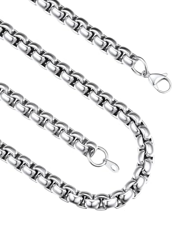 FindChic Stainless Steel Square Box Chain for Men | Silver/Gold/Black Rolo Necklace for Pendant | 2mm/3mm/6mm/8mm Width | No Tarnish, Hypoallergenic Hip Hop Jewelry with Gift Box | 18"-30" Length - color: a. 8mm Width-Steel, size: 26 inches