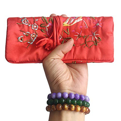 Travel Jewelry Roll Bag - Embroidered Brocade Pouch for Rings, Necklaces, Earrings, Bracelets | Lightweight & Tie Closure (Red) - color: Red