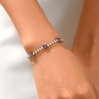 18K Gold Plated Cubic Zirconia Tennis Bracelet for Women Sparkling Stackable Stainless Steel Jewelry Hypoallergenic Tarnish Resistant Bridal Gift - color: Purple Baguette CZ-Gold