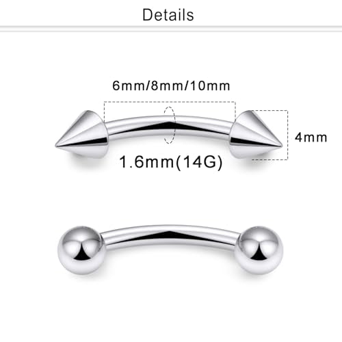 Eyebrow Piercing Jewelry Internally Threaded Surgical Steel Curved Barbell Tiny Eyebrow Ring Vertical Labret Lip Jewelry Ear Rook Navel Small Belly Button Ring for Women Men 18g 16g 14g - color: silvertone,14g