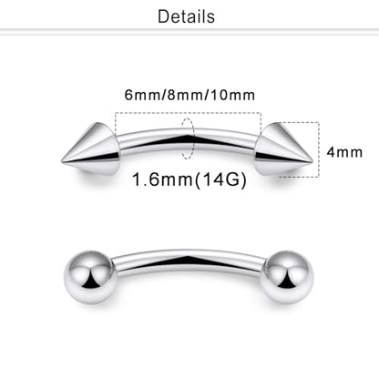 Eyebrow Piercing Jewelry Internally Threaded Surgical Steel Curved Barbell Tiny Eyebrow Ring Vertical Labret Lip Jewelry Ear Rook Navel Small Belly Button Ring for Women Men 18g 16g 14g - color: silvertone,14g
