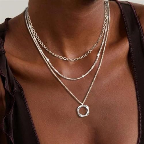 925 Silver Layered and 14K Gold Plated Necklace for Women – Circle Pendant Adjustable Stacking Chain, Retro Modern Jewelry for Special Occasion Gift - color: Silver