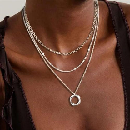 925 Silver Layered and 14K Gold Plated Necklace for Women – Circle Pendant Adjustable Stacking Chain, Retro Modern Jewelry for Special Occasion Gift - color: Silver