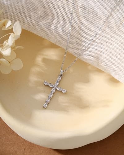 Cross Necklace for Women, 14K Gold Plated Cubic Zirconia Cross Pendant Necklace, Trendy Christian Jewelry Gifts for Baptism First Communion Christmas - color: Style I - Silver