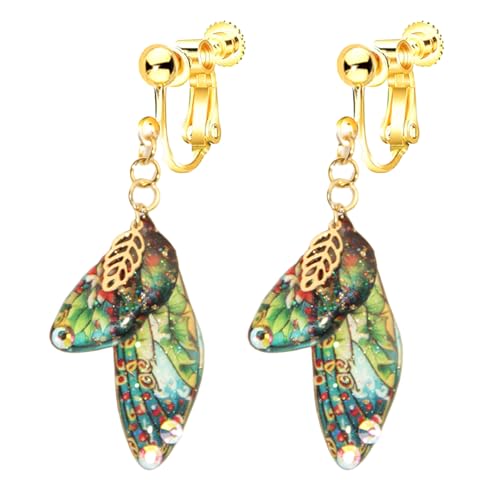 Clip on Crystal Butterfly Wing Drop Dangle Earrings for Women, Non Pierced, Multicolored Moth Butterfly Earrings, Pearl Tassel Jewelry Pink Blue Green - color: Green A
