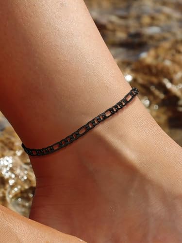 U7 Ankle Bracelets for Women Stainless Steel Waterproof Tarnish Resistant | 18K Gold Plated/Silver/Rose Gold Anklets, Cuban Chain Anklet Bracelets, Perfect for Summer Beach and Vacation Outfits - color: Black-5mm-Figaro Chain