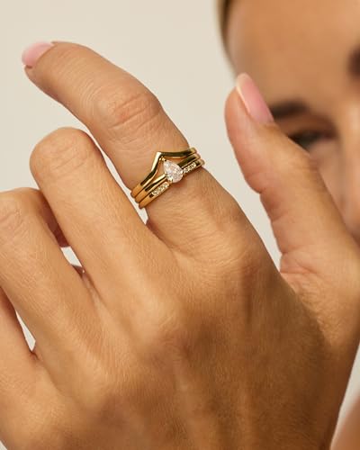 PAVOI 14K Gold Plated Cubic Zirconia & Opal Stackable Rings for Women | Classy Stacking Band with Gemstones, Everyday Jewelry - color: Yellow Gold, size: 7, style: Teardrop CZ