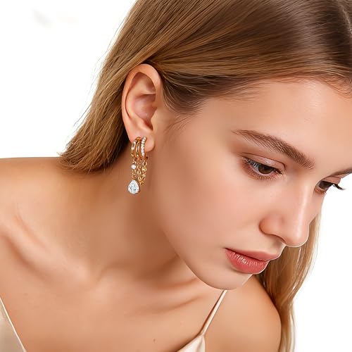 YOQUCOL Gold Plated Y2K Clip On Hoop Earrings for Women,Sweet Cool Edgy Trendy Layered Hoop with Tassel Chain Dangle, Non Pierced Jewelry Gifts - color: Teardrop