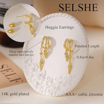 Dangle Earrings for Women,14k Gold Plated Triple Huggie Stud Earrings Cute Statement Chain Earring Dainty Drop Earrings for Women Trendy Gold Plated Jewelry - color: dangle2-Gold