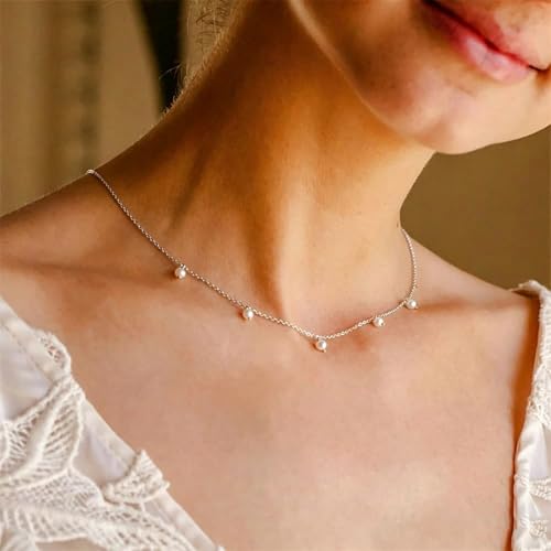 Pearl Necklace for Women, Dainty Pearls Choker Necklace for Women 14K Gold Plated Layered Pendant Necklace Handmade Gold Chain Necklace Everyday Jewelry Gift - color: Pearl Choker-Silver