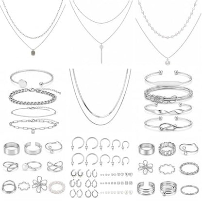 68-80 Pcs Jewelry Sets for Women, Gold Silver Bulk Jewelry Set with Rings Earrings Necklaces Bracelets, Hypoallergenic Fashion Jewelry Sets for Women Wedding Birthday Gifts - color: silver
