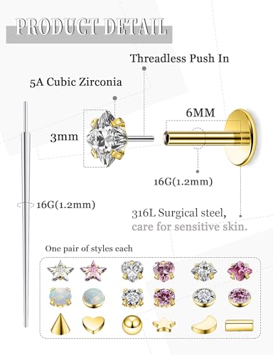 20G 18G 16G 14K Gold Filled Threadless Flat Back Earrings Studs Surgical Stainless Steel Opal CZ Nose Rings Studs Tragus Helix Conch Cartilage Earrings Piercing Jewelry For Women Men Silver - color: 14K Gold Filled, size: 16 Gauge-6MM Bar