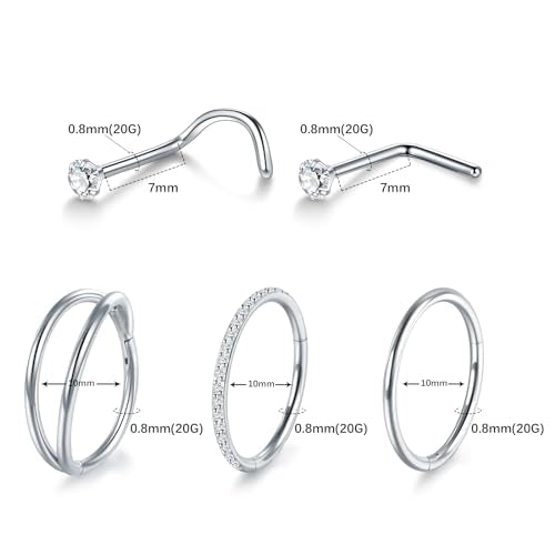 Xpircn 5pcs Hoop Nose Rings and L Shaped Nose Rings Stud Set 18G/20G Stainless Steel CZ Helix Conch Daith Tragus Cartilage Hoop Earrings for Women 6mm 7mm 8mm 10mm - color: Silver, size: 20G, 10mm hoop & 7mm studs