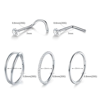 Xpircn 5pcs Hoop Nose Rings and L Shaped Nose Rings Stud Set 18G/20G Stainless Steel CZ Helix Conch Daith Tragus Cartilage Hoop Earrings for Women 6mm 7mm 8mm 10mm - color: Silver, size: 20G, 10mm hoop & 7mm studs