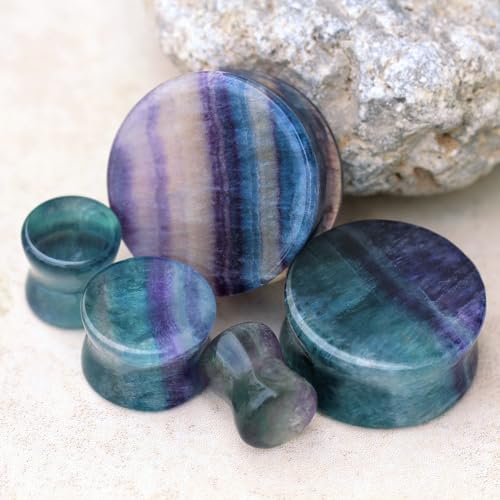 Pierced Owl Natural Rainbow Fluorite Stone Double Flared Plugs, Sold as a Pair - style: 19mm (3/4")