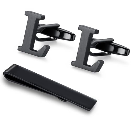 HONEY BEAR Black Initial Letter Round Cufflinks Tie Clip Set for Men | Wedding Business, Tarnish-Resistant, Steel-Plated Copper Base, Gift Box, for Groomsmen, Father, Husband, Anniversary, Formal - style: L