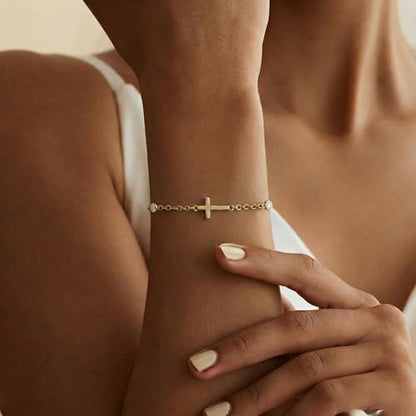 Bracelets for Women, Dainty Gold Silver Ring Bracelet Hand Chain | Cubic Zirconia Pearl Charms, 14K Gold Plated, Adjustable Fit, Trendy Stackable Link Chain, Waterproof Jewelry, Gift for Her - color: Gold-cross cz bracelet