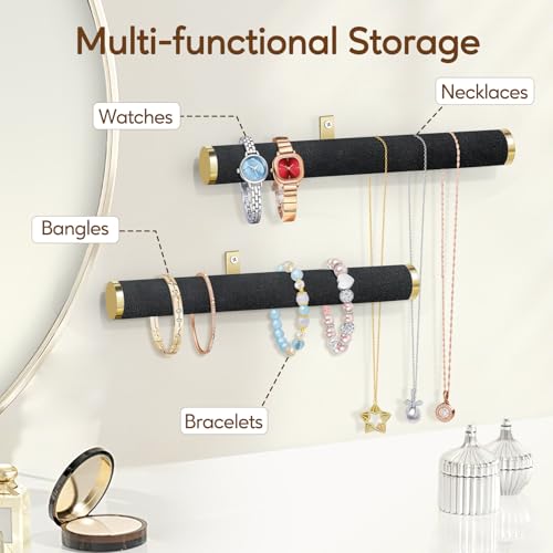 Velvet Necklace Holder Wall Jewelry Organizer, 12" Hanging Necklace Organizer, 2 Pack Wall Mounted Necklace Hanger for Bracelets Bangles Display,Black - color: Black