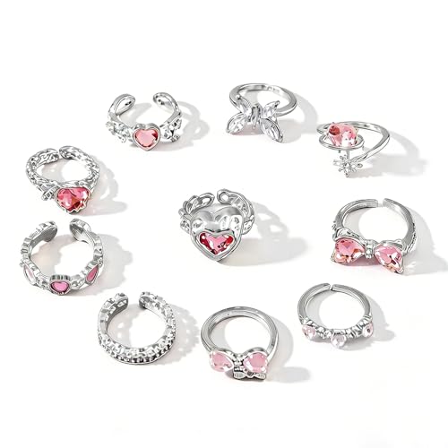 10pcs Sparkly Crystal Love Heart Ring Set for Women Adjustable Bowknot Butterfly Finger Ring Stackable Pink Rhinestone Heart Open Ring Jewelry Gifts - color: Silver