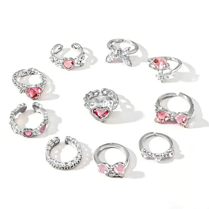 10pcs Sparkly Crystal Love Heart Ring Set for Women Adjustable Bowknot Butterfly Finger Ring Stackable Pink Rhinestone Heart Open Ring Jewelry Gifts - color: Silver