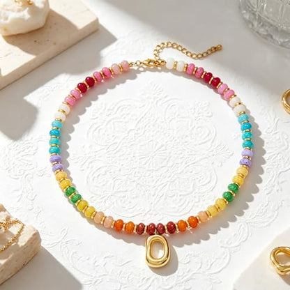 YUJIE Colorful Beaded Necklace for Women, Chunky Boho Choker with Large Gold Puffy Heart Pendant, Trendy Summer Beach Y2K Statement Jewelry Gift - color: oval