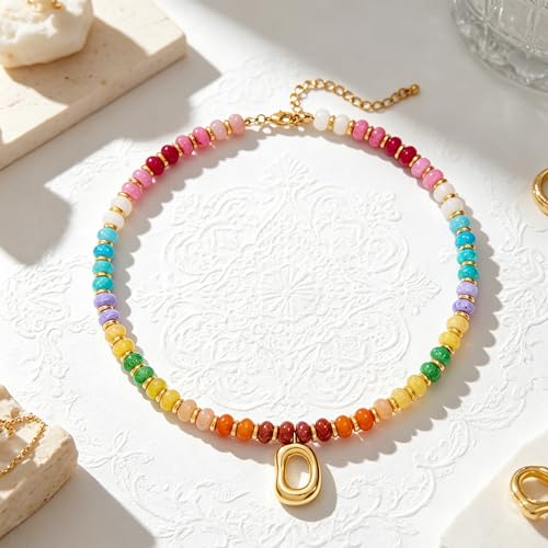 YUJIE Colorful Beaded Necklace for Women, Chunky Boho Choker with Large Gold Puffy Heart Pendant, Trendy Summer Beach Y2K Statement Jewelry Gift - color: oval
