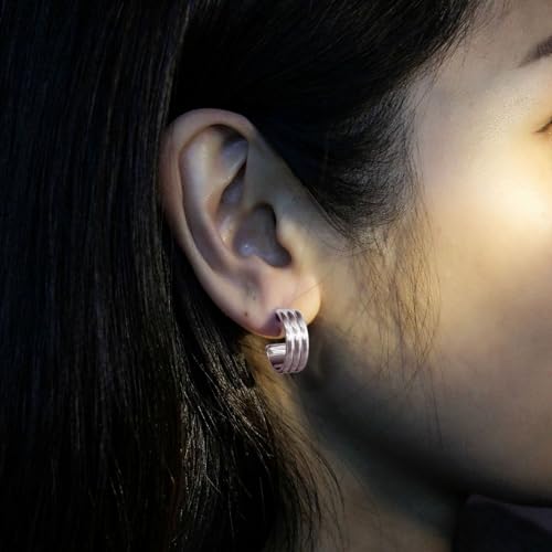RENAIZ Dainty Lightweight Hoop & Stud Earrings for Women – 14K Gold Plated & Rhodium Plated, Minimalist Geometric Hypoallergenic Jewelry, Tiny Dainty Everyday Studs and Hoops - color: White Gold, style: Multi-Band