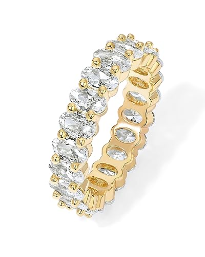 PAVOI 14K Gold Plated Eternity Ring for Women - Statement Eternity Band Rings with Oval Cubic Zirconia - Stackable Wedding Band - Love Engagement Trendy Bridal Jewelry - color: Yellow Gold