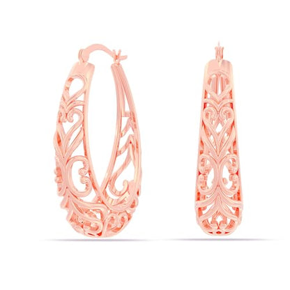LeCalla 925 Sterling Silver Hoop Earrings | Women's Filigree Hoop Earrings | Openwork Mesh Filigree Cut Earring | Lightweight & Hypoallergenic Vintage Hoop Earrings for Women - style: Rose-Gold / Oval Filigree