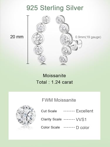 Moissanite 20mm Butterlfy/Flower/Leaf/Bezel Crawler Stud Earrings for Women, 925 Sterling Silver with Gold Plated, Hypoallergenic Cartilage Earrings, Valentines Birthday Anniversary Wedding Gift - color: Bezel Setting - White Gold