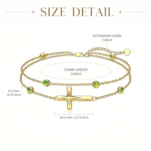 Midari 18K Yellow Gold Gemstone Birthstone Anklet Bracelet Cross Jewelry with 12 Months Birthstone Birthday Gifts for Women Wife Her Daughter Mom - color: 08-Aug-Peridot, size: Anklet 9"-11"