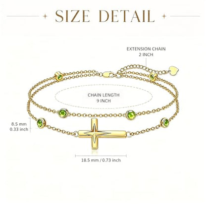 Midari 18K Yellow Gold Gemstone Birthstone Anklet Bracelet Cross Jewelry with 12 Months Birthstone Birthday Gifts for Women Wife Her Daughter Mom - color: 08-Aug-Peridot, size: Anklet 9"-11"