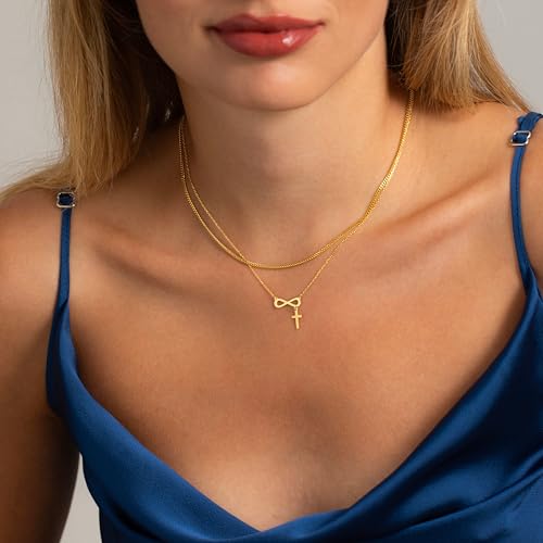 14K Gold Layered Cross Necklaces for Women,Tiny Small Sideways Cross Necklace Minimalist Christian Jewelry Gifts First Communion Confirmation Easter Stuff,2Pcs - color: infinity cross,gold