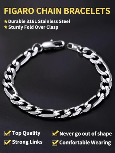 ChainsHouse Figaro Link Chain Bracelet for Men Stainless Steel Jewelry | Black/ Gold Bracelets Men, 6/9/13mm Figaro Cuabn Bracelets 7.5"/8.3", Chunky Hip Hop Wrist Hand Chain Bracelet for Gift - color: e: 9mm-stainless