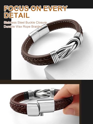 Mens Black Braided Leather Bracelet, Green/Red/Brown/Black Braided Leather Infinity Knot Bracelets for Men with Stainless Steel Clasp, 7.5/8.5/9in Length - color: 03-Brown