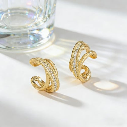 Bemoly Ear Cuff Earrings for Women 14K Gold Plated Cubic Zirconia Dangle Huggie Ear Cuffs Non Piercing | Clip On Cartilage - style: Rope Split Trio