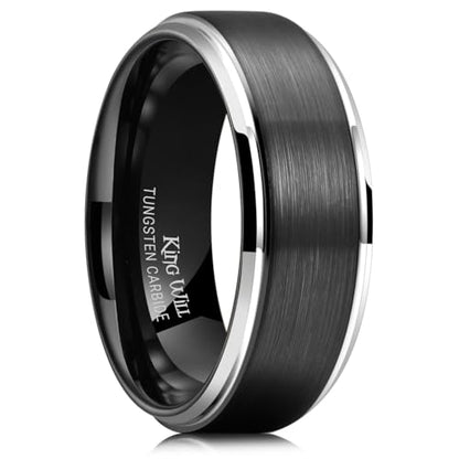 King Will Mens Brushed Wedding Band, Two Tone Matte Step Edges/Pipe Cut, Tungsten Carbide Anniversary Promise Rings Comfort Fit - color: Black&Silver Edge-8mm