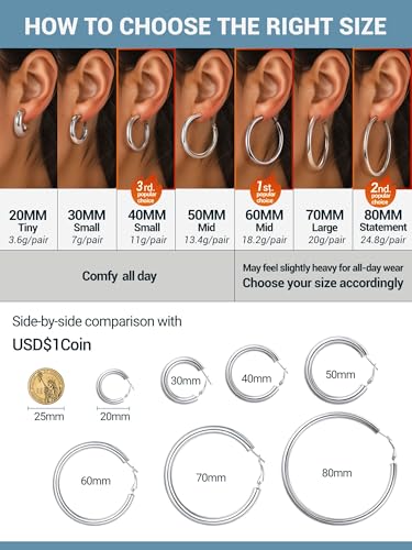 PROSTEEL Chunky Hoop Earrings for Women 14K Gold Plated/Black/Silver | 20/30/40/50/60/70/80mm Stainless Steel Thick Big Round Hoop with Waterproof and Non Tarnish Trendy Jewelry with Gift Box - color: 1. Silver, size: 50MM