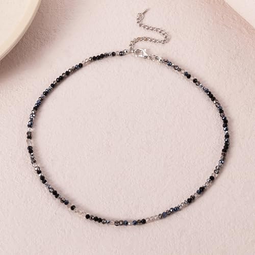 Dainty Colorful Crystal Beaded Chain Adjustable Lightweight Choker Necklace Handmade Bohemian Shiny 3mm Rice Stone Beads Necklace Boho Summer Beach Jewelry for Women - color: black