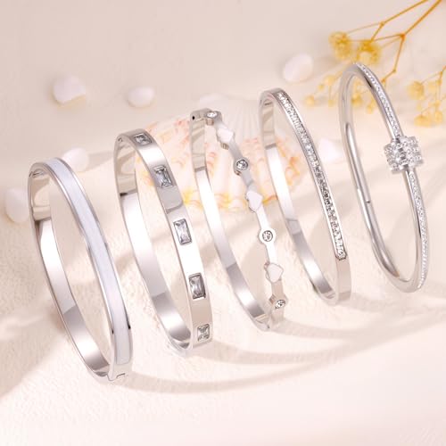Camhanno Pink Heart Bangle Bracelets for Women - 18K Gold Plated Stackable Stainless Steel, Friendship & Love Jewelry Gift for Her - color: Silver+White