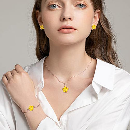 EleQueen Rose Flower Necklace Earrings Bracelet Set for Women - color: 03_Yellow Necklace+Earrings+Bracelet