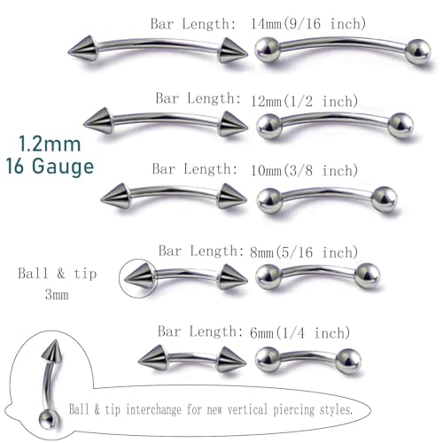 Gidemen 10pcs Eyebrow Piercing Jewelry Surgical Steel Vertical Labret Lip Jewelry Curved Barbell Tiny Eyebrow Rings Ear Rook Navel Small Belly Button Ring for Women Men 16g 6mm 8mm 10mm 12mm 14mm