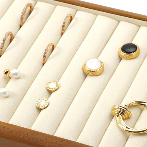 Oirlv Wood Ring Display Tray | Solid Wood Frame, Soft Microfiber Interior, 9.84X17X1.18in Ring Tray with Slots, Beautiful Wood Finish, Protects Jewelry - color: Cream, size: 11 slot