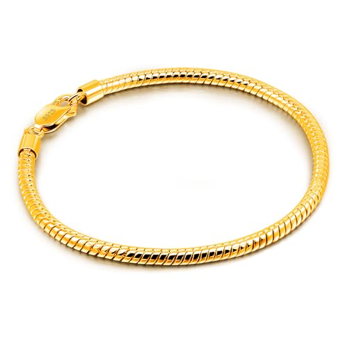 Dankadi Italy Smooth 3MM 4MM Round Snake Chain Bracelet Solid 925 Sterling Silver Men Women 6.3" 6.7" 7" 7.5" 8" 8.5" 9" 9.5" Bangle Charm Jewelry Gift - color: 3MM Gold, size: 9 inches
