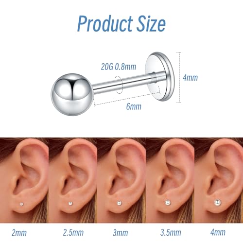 Xpircn Flat Back Stud Earrings 16G 18G 20G Tiny CZ Stud Earrings, Gold Flat Back Earrings, Threadless Cartilage Tragus Piercing Conch Helix Stud - color: Silver-Tiny Ball, size: 20G 6mm Bar